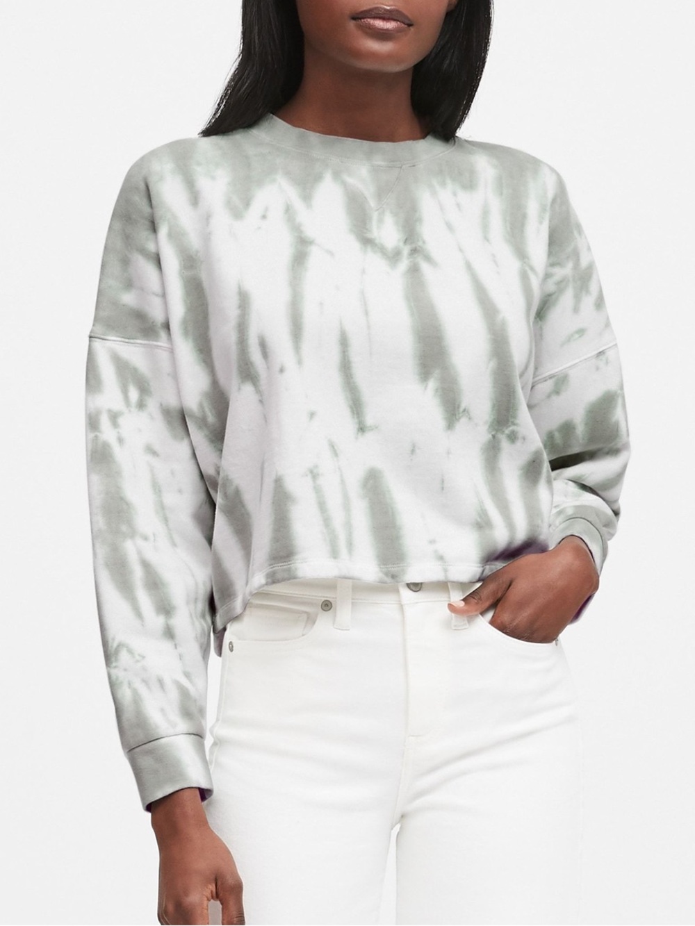 Banana Republic Sage & White Tie-Dye Cropped Sweatshirt